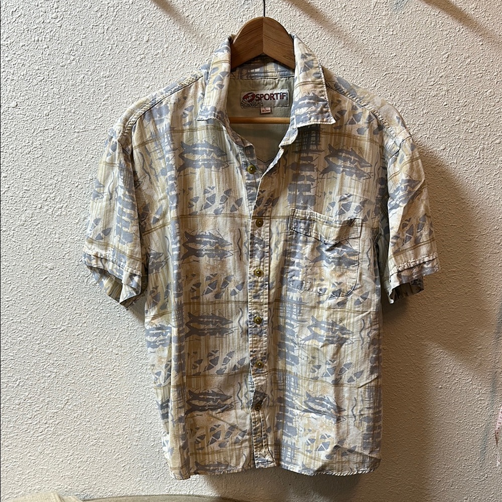 Men's Beige and Blue fish Patterned Shirt